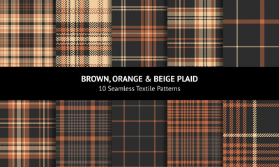 Tartan plaid pattern set in brown, orange, beige. Seamless dark herringbone check vector graphics for autumn winter flannel shirt, skirt, scarf, throw, bag, other modern fashion fabric design.