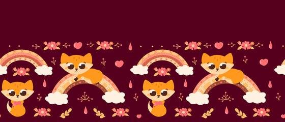 Seamless border with cute fox character sleeping on rainbown and holding heart in scandinavian style for websites on dark background, boho elements