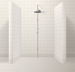 Interior of a realistic shower stall made of ceramic tiles. Vector illustration