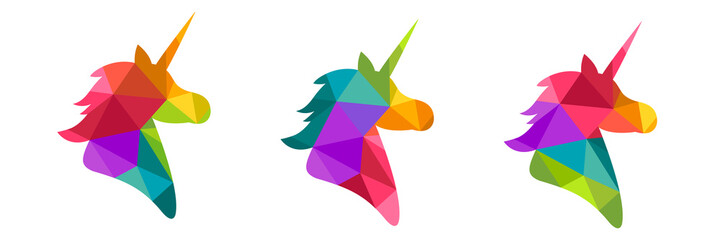 Abstract unicorn silhouette made in colorful low poly design. Unicorn icon in rainbow colors, vector illustration isolated on white background. © lvnl