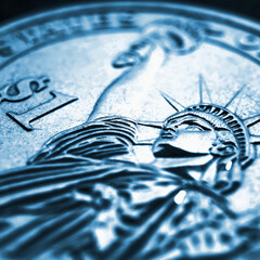 USA one dollar coin close-up. Dark blue tinted square illustration about American economy, money, finance and public debt. Macro