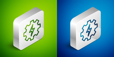 Isometric line Gear and lightning icon isolated on green and blue background. Electric power. Lightning bolt sign. Silver square button. Vector