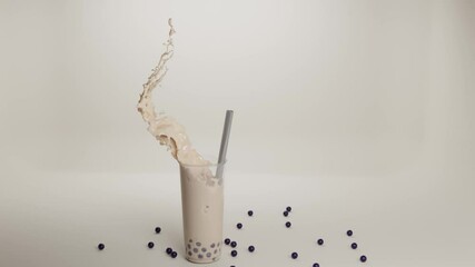 Bubble tea drink glass cup with tapioca or boba, straw, splash and frozen wave. Milkshake with blueberry and delicious fruit balls, cold chocolate cocktail or smoothie on almond milk, 3d animation