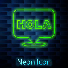 Glowing neon line Hola icon isolated on brick wall background. Vector © vector_v
