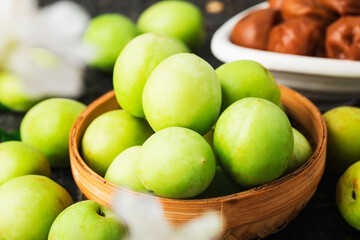 Fresh green plum and preserved green plum