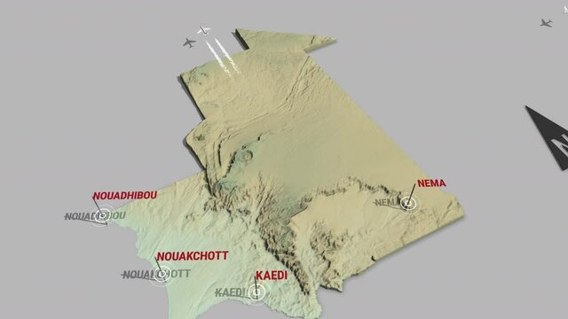 Seamless looping animation of the 3d terrain map of Mauritania with the capital and the biggest cites in 4K resolution