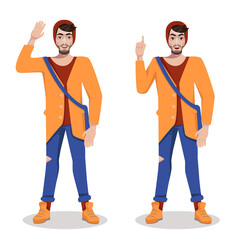 The man in the hat greets with his hand and finds a solution. Hipster man.