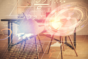 Multi exposure of data theme drawing and office interior background. Concept of technology.