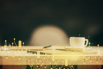 Multi exposure of technology theme drawing and desktop with coffee and items on table background....