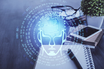 Double exposure of brain theme drawing and cell phone background. Concept of information
