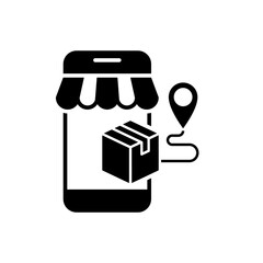 Online package delivery from mobile shopping black icon