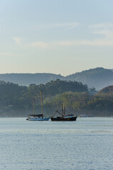 Obraz premium Tour boats at the pier bordering the beach in Paraty, Rio de Janeiro