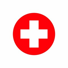 International sign of the red medical cross. Icon in a red circle. Raster symbol on white background.