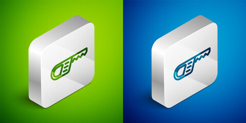 Isometric line Reciprocating saw and saw blade icon isolated on green and blue background. Silver square button. Vector