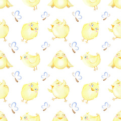 Seamless pattern with cute chickens and butterflies. Watercolor.