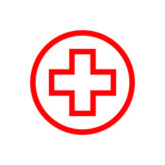 International contour sign red medical cross. Icon in a red circle outline. Vector symbol on white background.