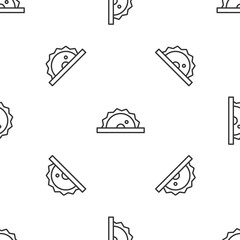 Grey line Electric circular saw with steel toothed disc icon isolated seamless pattern on white background. Electric hand tool for cutting wood or metal. Vector
