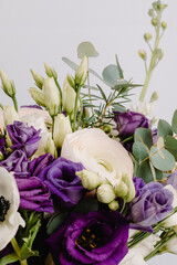 Bouquet Matiola ranunculus, anemone eustoma, wax flower.