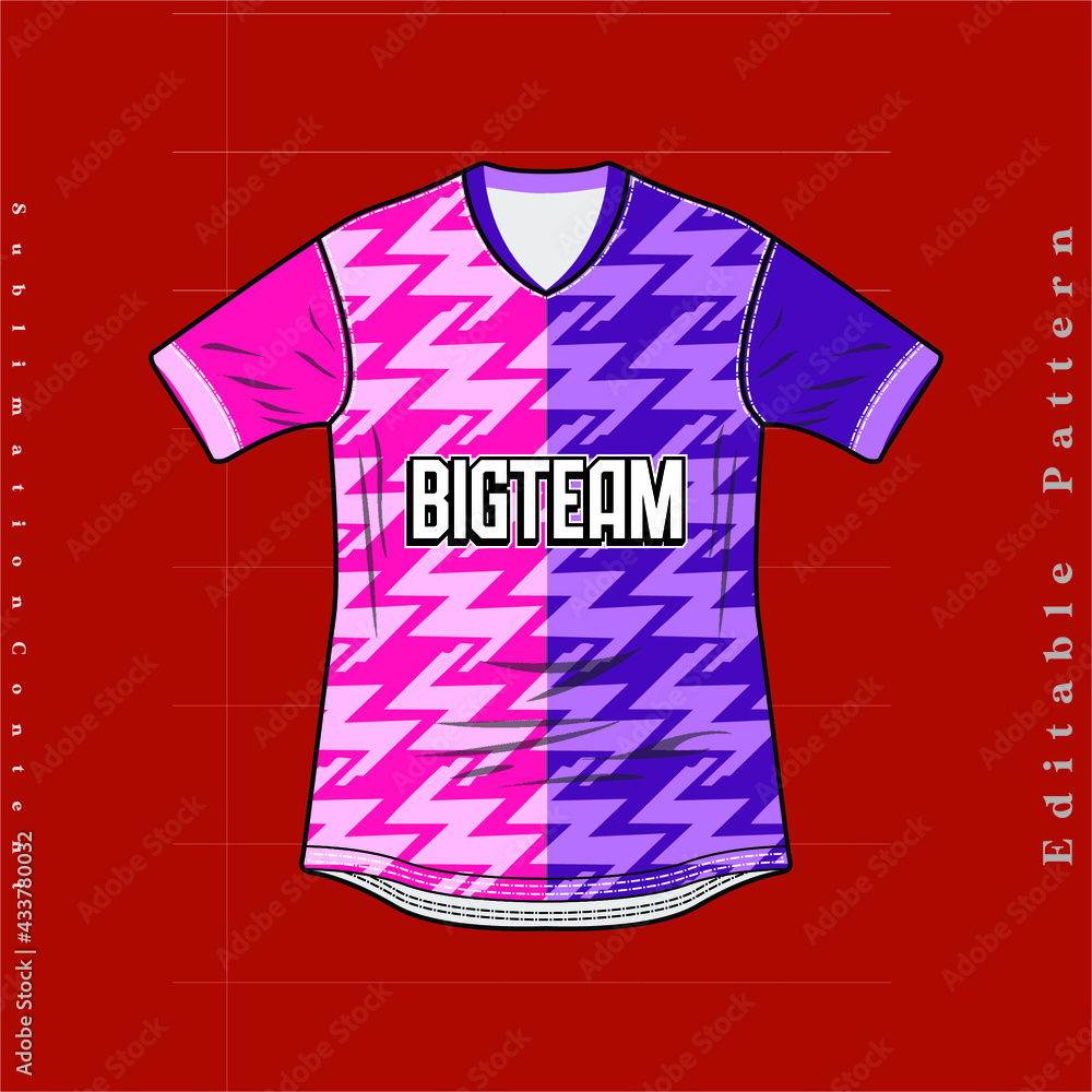 Wall mural pink purple combination color wave motif pattern, Fabric textile for Sport jersey , jersey mockup for printing. uniform front view,