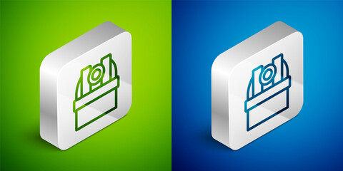 Isometric line Astronomical observatory icon isolated on green and blue background. Observatory with a telescope. Scientific institution. Silver square button. Vector