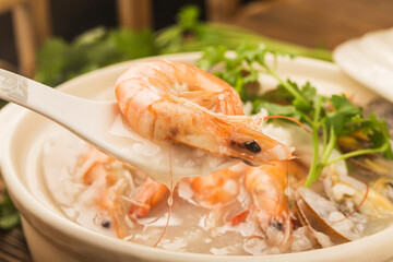 Chinese cuisine:a casserole Chaoshan seafood porridge.seafood porridge