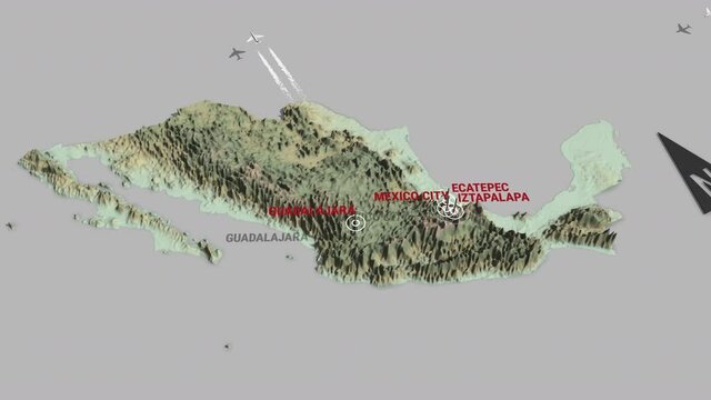 Seamless looping animation of the 3d terrain map of Mexico with the capital and the biggest cites in 4K resolution