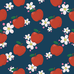 Seamless pattern hand draw red apples and apple blossom. Vector design editable illustration.