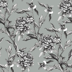 Monochrome black and white seamless pattern outline flowers peony on gray background. Design for textiles, fabrics, packaking, wallpapers, home decoration
