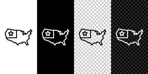 Set line USA map icon isolated on black and white, transparent background. Map of the United States of America. Vector