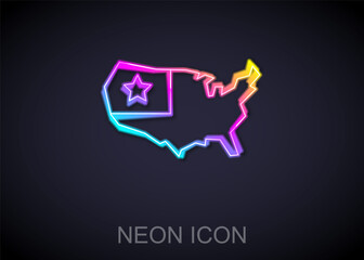 Glowing neon line USA map icon isolated on black background. Map of the United States of America. Vector