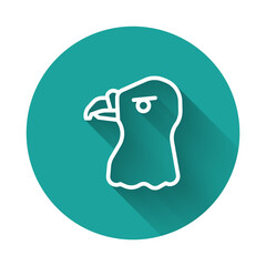 White line Eagle head icon isolated with long shadow background. Green circle button. Vector