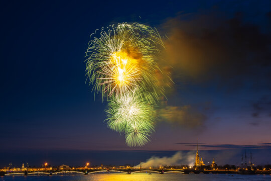 Fireworks In St. Petersburg Against The Background Of The Peter And Paul Fortress