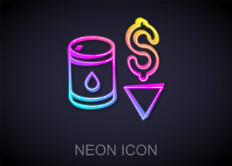 Glowing neon line Drop in crude oil price icon isolated on black background. Oil industry crisis concept. Vector