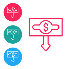Red line Dollar rate decrease icon isolated on white background. Cost reduction. Money symbol with down arrow. Business lost crisis decrease. Set icons in circle buttons. Vector