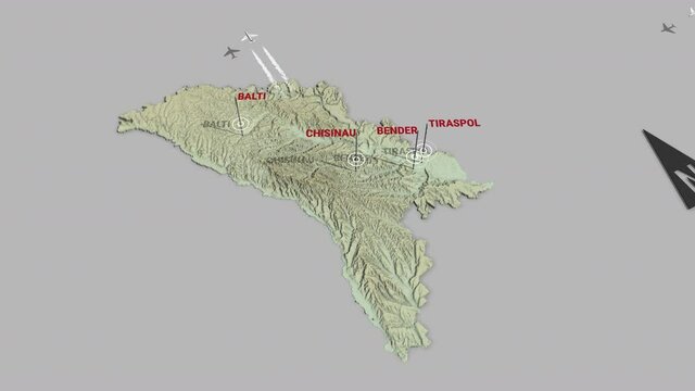 Seamless looping animation of the 3d terrain map of Moldova with the capital and the biggest cites in 4K resolution