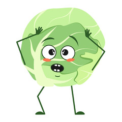Cute cabbage character with emotions in a panic grabs his head, face, arms and legs. The funny or sad food hero, vegetable