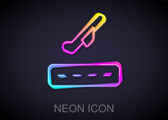 Glowing neon line Plane takeoff icon isolated on black background. Airplane transport symbol. Vector