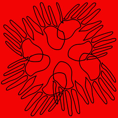 hands, hands of a woman,hands of a man, hands of a family, hands of children, on a scarlet,pink, blue background