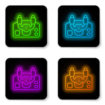 Glowing Neon Line Aircraft Steering Helm Icon Isolated On White Background. Aircraft Control Wheel. Black Square Button. Vector