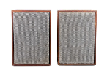 Two vintage speakers with fabric grills