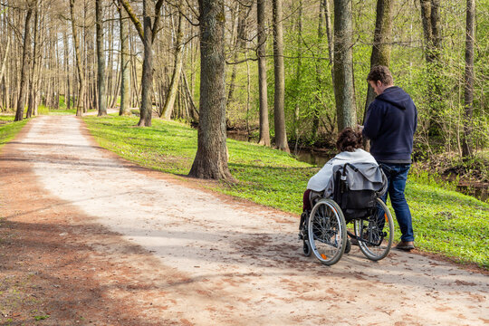 View from back to a woman in wheelchair and a man walking and checking his phone in a park near river at spring. Woman with a disability in wheelchair and her personal assistant are hiking together