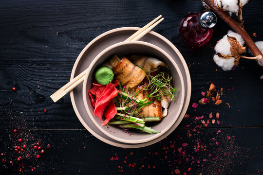 Fresh Poki Bowl. Poke With Eel And Vegetables