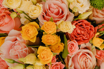Bouquet with mini pink roses, eustoma, chrysanthemums and sentinels.
