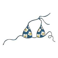 Hand Drawn Blue Bikini Top with Plumeria Flower Pattern. Line drawing colourful swimwear isolated vector illustration