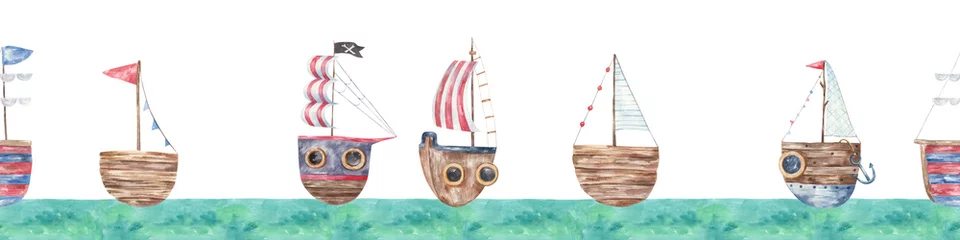 Cercles muraux Chambre de bébé motif de bordure sans couture, paysage avec des navires, illustration pour enfants aquarelle mignonne, conception, impression, art mural