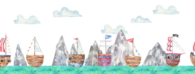 motif de bordure sans couture, paysage avec navires, montagnes, mer, jolie illustration aquarelle pour enfants, conception, impression, art mural
