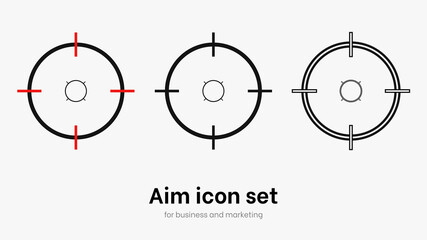 Naklejka premium Set of aim and target. Transparent isolated aim cion on white bacgrkound. Target icon for aiming to bullseye. Black vector illustration of crosshairs icon set in isolation. Vector round aim