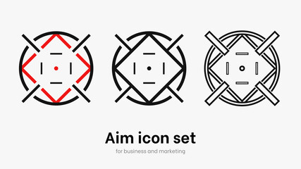 Set of aim and target. Transparent isolated aim cion on white bacgrkound. Target icon for aiming to bullseye. Black vector illustration of crosshairs icon set in isolation. Vector round aim
