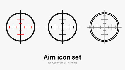 Set of aim and target. Transparent isolated aim cion on white bacgrkound. Target icon for aiming to bullseye. Black vector illustration of crosshairs icon set in isolation. Vector round aim