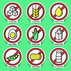 Allergen free vector set, isolated sticker. Alle free emblem for eating and allergy. Concept of logos in flat style with outline and shadow. Allergy stimulus vector for banner design. Substitute icon